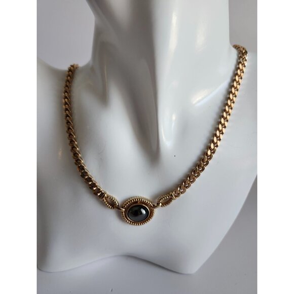 Louis Feraud Paris 1970s Gold Plated Chain Necklace W/ Reflective Hematite Oval - Picture 1 of 12